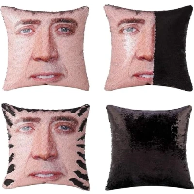 Image of BONFUN 16x16In Nicolas Cage Sequin Throw Pillow Cover Magic Reversible Funny Case Decorative Cushion (Color : Black, Size 16&quot;*16&quot;)