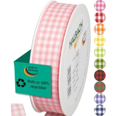 Image of Halbach Seidenbänder Vichy 25mm Pale Pink Check Ribbon for Gift Wrapping, Celebration