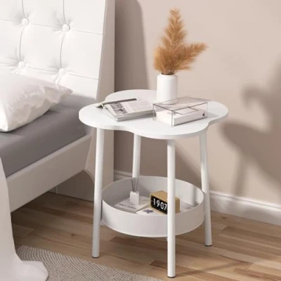 Image of Chiusuet Side Table,2 Tier Narrow End Table,Modern Flower Shaped Bedside Table Nightstand,Slim Small Coffee with Storage Shelf, Sofa for Living Room Bedroom Spaces