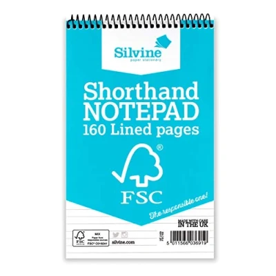 Image of Silvine 8x5 Everyday FSC Shorthand Notebook Ruled 8mm Feint, 160 Pages of Certified Paper. Ref FSC160