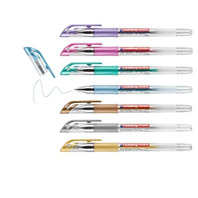 Image of edding 2185 gel roller gold, silver, copper, blue, green, violet, pink set of 7 0.7 mm pen for writing, drawing, colouring mandalas, bullet journals glitter pen, colour
