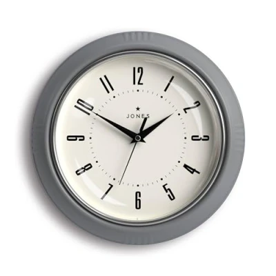 Image of Jones Clocks® Ketchup wall clock Retro round 25cm Grey Easy to read numbers Perfect kitchen or office