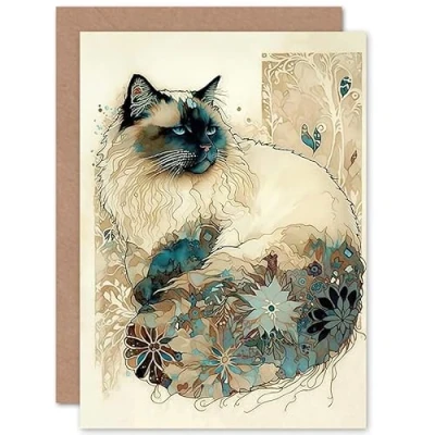 Image of Artery8 Ragdoll Cat with Floral Pattern Tail Modern Watercolour Illustration Art Birthday Sealed Greeting Card Plus Envelope Blank inside