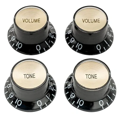 Image of Musiclily Pro Metric Size 18 Splines Top Hat Bell Reflector 2 Volume Tone Knobs Set for Asia Import Guitar Bass Split Shaft Pots, Black with Gold
