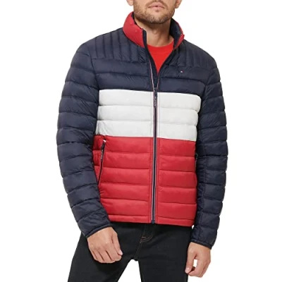 Image of Tommy Hilfiger Men&#039;s Water Resistant Ultra Loft Down Alternative Puffer Jacket Coat, Midnight/Ice/Red Colorblock, XL