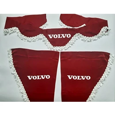 Image of Set of 3 Decorative Plush Curtains with White Tassels for Volvo Trucks (Red)