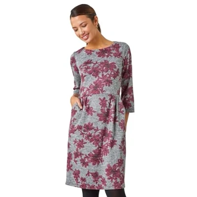 Image of Roman Originals Shift Dress with Pockets for Women UK Ladies Summer Autumn Winter Smart Casual Work Short 3/4 Sleeve Tunic Knee Length Pleated Gathered Waist Tea Loose Pink &amp; Grey Size 20