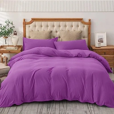 Image of AMEHA King Size Duvet Cover Sets Plain Dyed Quilt Bedding with Pillowcases Soft &amp; Breathable Microfibre Bed Set Purple