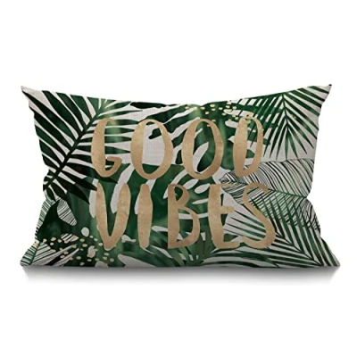 Image of BGBDEIA Palm Leaf Cushion Cover 12x20 Inch Good Vibes Word Tree Tropical Jungle Leaves Rectangle Pillow Cases Home Decorative Cotton Linen Throw for Bed Sofa Green 30 x 50 cm