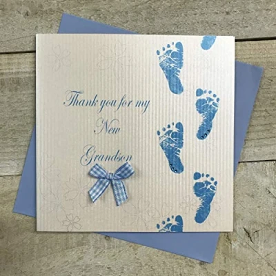Image of white cotton cards Blue Footprints Thank Hand Finished New Grandson Card, WB224 GS, 16cm x