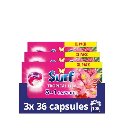 Image of Surf 3 in 1 Tropical Lily Laundry Washing Detergent Capsules joy infused fragrance with natural essential oils lasting up to 12 hours wear for brilliantly clean results 108 washes (3x 36 capsules)