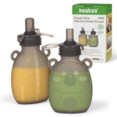 Image of haakaa Happii Bear Silicone Goody Pouch,Reusable Baby Food Pouches for Homemade Organic Purees, Juices, Smoothies, and Yogurt Perfect Toddlers Kids 2 Pack, 6oz