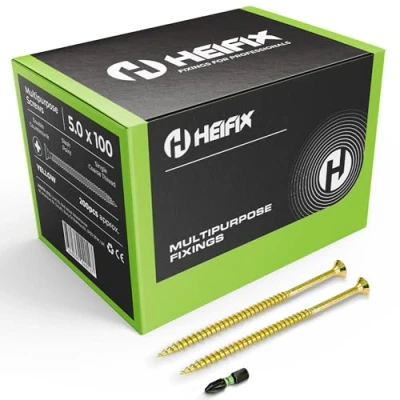Image of Heifix Multi Purpose Wood Screws Box Pozi Double Countersunk (QTY 200, 5mm x 100mm) FREE Screw Bit Included