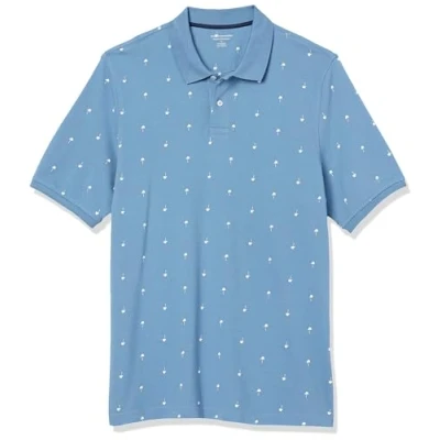 Image of Amazon Essentials Men&#039;s Regular Fit Cotton Pique Polo Shirt (Available in Big and Tall), Blue White Palm Tree Print, L