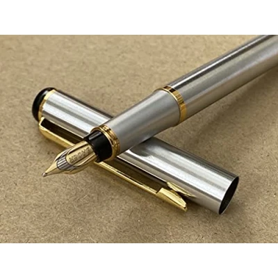 Image of Jinhao Baoer 801 Luxury Executive Stainless Steel Fountain Pen Writing Set + 5pk BLACK Cartridges...(Black Ink Cartridges, Style Pen)