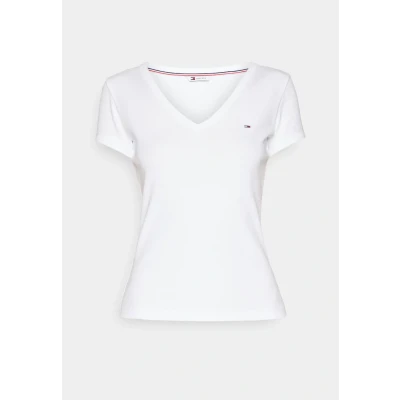 Image of Tommy Jeans Women&#039;s Tjw Slim Essential Rib V Ss Dw0dw17385 S/S Knit Tops, White, XXS