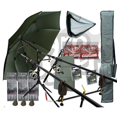 Image of Deluxe Complete Full Carp fishing Set Up With 2x Rods Reels Alarms 42&quot; Landing Net Rod Holdall Boilies Bivvy Plus Tackle