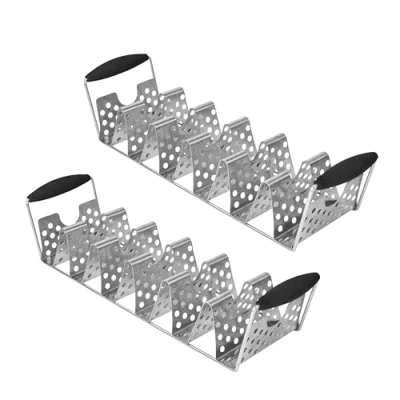 Image of BLACKSTONE 5551 Deluxe Holder Stand Pack of 2 Stainless Steel Racks with Heat Resistant Handles One Tray Holds 6 Tacos Dishwasher Safe, Black/Silver