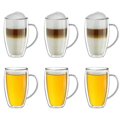 Image of Creano Double Walled Coffee Glasses with Handle 250ml Insulated Cappuccino Cups Latte Macchiato, Tea Handmade Heat Resistant Mugs 6 pcs (Pack of 1)
