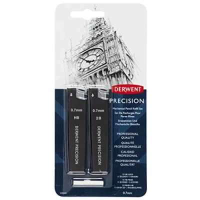 Image of Derwent 0.7 mm Precision Mechanical Pencil Refill Set, HB/2B Leads and Erasers, Professional Quality, 2302432, Black