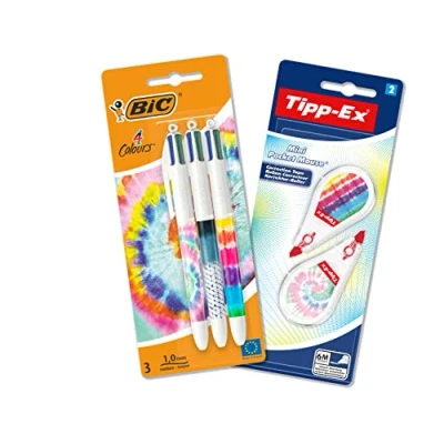 Image of BIC Tie Dye Desk Set with 4 Colours Decor Ball Pens and Mini Pocket Mouse Decors Correction Tapes Assorted Designs, Bundle of 3+2