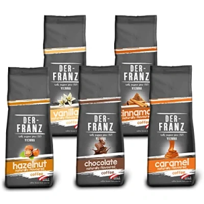 Image of Der Franz Coffee Pack, ground, flavoured, 5 x 500 g (1 Hazelnut, 1 Vanilla, Chocolate, Cinnamon, Caramel)
