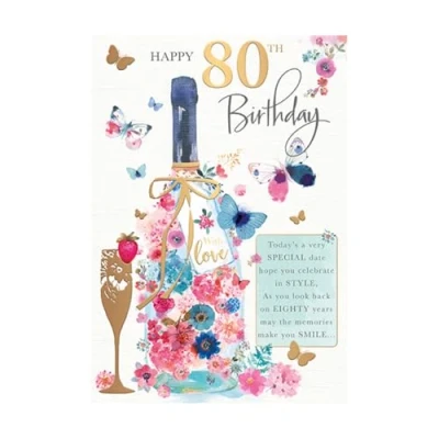 Image of Moments in Time Female 80th Birthday Card from Words n Wishes with Love, Floral Champagne Bottle Gold Foil Finish