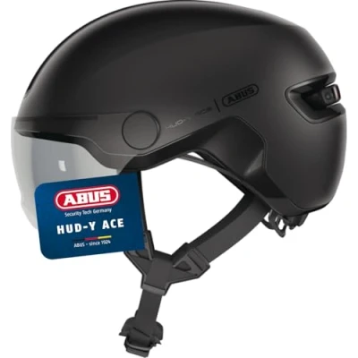 Image of ABUS HUD Y ACE city helmet stylish bike with visor and magnetic, rechargeable rear LED light for men women black, size M