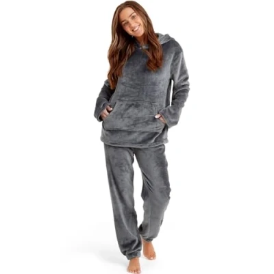 Image of Snuggaroo Womens Soft Fleece Hooded Pyjama Loungewear Set Charcoal M