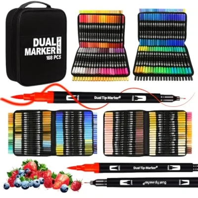 Image of VAKKI 168 Dual Tip Colouring Pens, Felt Brush Pens for Adults and Children, Drawing Art Painting, Writing, Sketching