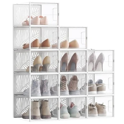 Image of SONGMICS Clear Shoe Boxes, Set of 12 Storage Organsiers, Stackable, Breathable, and Foldable, for Max. UK Size 11, Display Trainers, High Heels, Transparent White LSP107W01