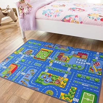 Image of Children’s Blue Roads Car Activity Play Mat Educational Toy Nursery Room Bedroom Animal Rug 100cm x 165cm