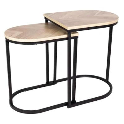 Image of Dylex Nesting End Side Table Set of 2, Black Metal Frame, Oak Finish Tabletop, for Living Room