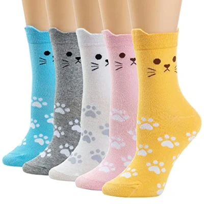 Image of Womens Socks Cactus Crew Gifts Cotton Long Funny for Women Novelty Funky Cute Cartoon 5 Pairs WCS1 Cactus, B Cat Ear 2
