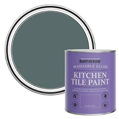 Image of Rust Oleum Green Water Resistant Kitchen Tile Paint in Gloss Finish Deep Sea 750ml