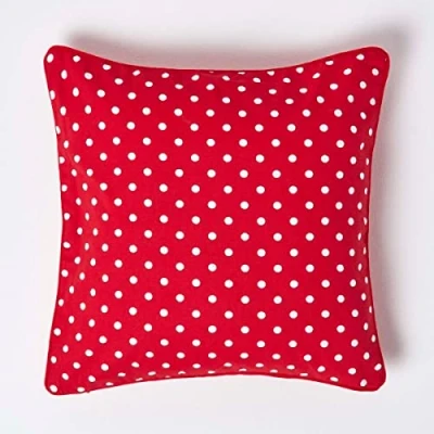 Image of HOMESCAPES 100% Cotton Polka Dots Cushion Cover 45 x cm Square 18 Inches Red White Sofa Pillow Washable