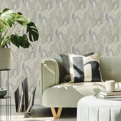 Image of Sublime Arty Leaves Sage Wallpaper Paste The Wall Natural/Sage Contemporary Retro Textured Vinyl Design Feature or 4 Suitable for Any Room