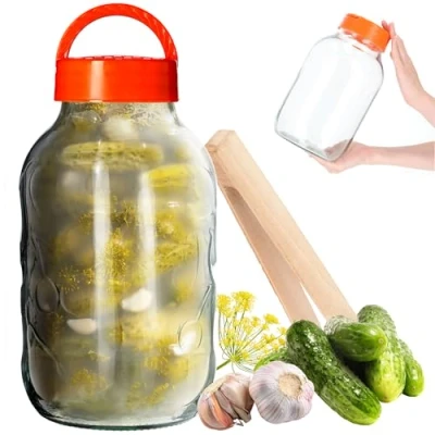 Image of KADAX Preserving Jar with Wooden Tongs, Glass Plastic Lid and Handle for Sauerkraut, Airtight Wide Mouth Opening Pickling (4 L)