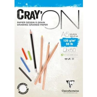 Image of Clairefontaine Ref 975019C Cray&#039;On White Glued Sketch Pad (50 Sheets) A5 (14.8 x 21cm) Size, 120gsm 100% Cellulose Paper, Grained One Size &amp; Smooth Other Side
