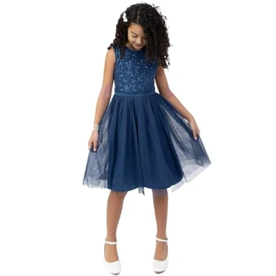 Image of Maya Deluxe Girl&#039;s Midi Dress Sequins Embellished Party Tutu Bridesmaids Wedding with Belt Bow, French Navy, 7 Years