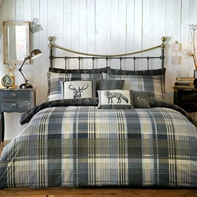 Image of Dreams &amp; Drapes Charcoal Grey Checkered Deer Duvet Cover Single Bedding Size (140 x 200cm) Soft 100% Brushed Cotton Reversible (2 Designs) Woodland Forest in
