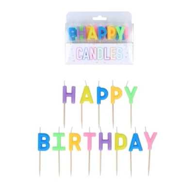 Image of Henbrandt Pack of 13 Happy Birthday Candles on Wooden Picks, 5 Multicolour Mix 7cm Lettered Celebration Cake Topper for and Cupcake Decorations