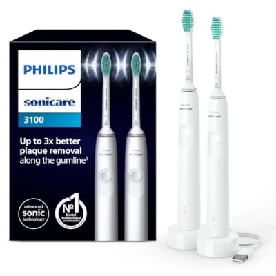Image of Philips Sonicare 3100 Electric Toothbrush, Sonic Pressure Sensor and Timer, White, Dual Pack, Model HX3675/13