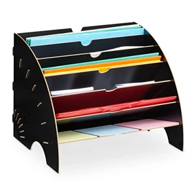 Image of Document Tray, 6 Compartments, din A4, HxWxD: 27 x 34 cm, Office &amp; School, Organiser, mdf, Black Relaxdays