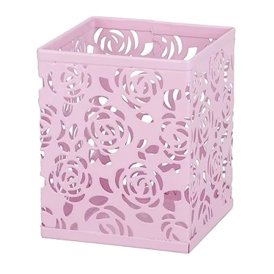 Image of RICOO Stylish Iron Pen Holder B003 P, Ultimate Desk Organizer for Pens, Makeup Brushes, Keys, 8x8x10 cm, Pink