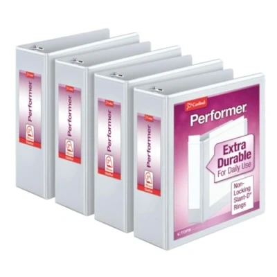 Image of Cardinal Performer 3 Ring Binders, 3&quot;, Non Locking Slant D Rings, 725 Sheet Capacity, ClearVue Presentation, Stick, PVC Free, White, 4 Pack (27600)