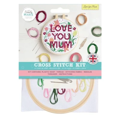 Image of Simply Make Cross Stitch Kit, Love You Mum, Multicoloured, Single Craft Kits for Adults, Sewing Kit and Embroidery Home Crafts, Threads Included