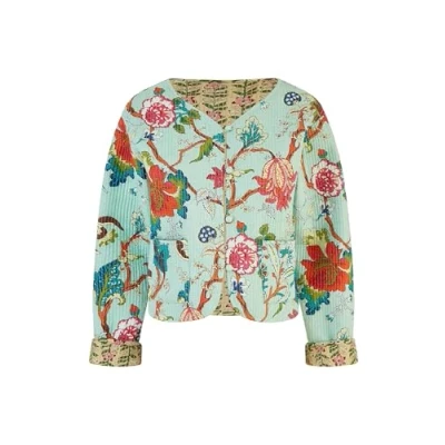 Image of Yumi Blue Floral Print Reversible Cotton Cropped Quilted Jacket 10 Cream