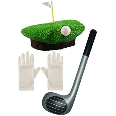 Image of Dreamzfit Adult Unisex Pub GOLF Golfer Golfing Costume Accessory FUNNY HAT, WHITE GLOVES &amp; INFLATABLE CLUB Novelty Fancy Dress Hen Stag Night Sport Party, Green