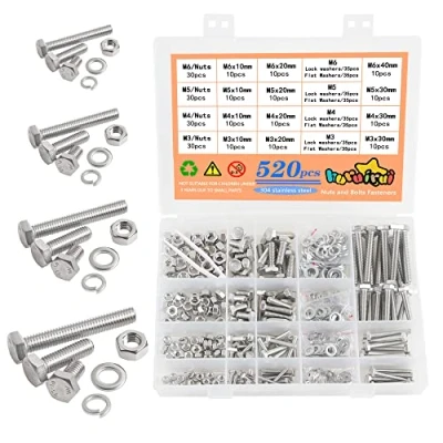 Image of huruirui 520pcs M3 M4 M5 M6 Nuts and Bolts Set 304 Stainless Steel Hex Head Screws Washers Kit Hexagon Machine with Storage Box